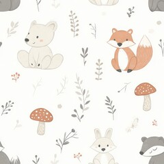Fototapeta premium Cute Seamless Pattern for Kids Featuring Simple Hand-Drawn Animals