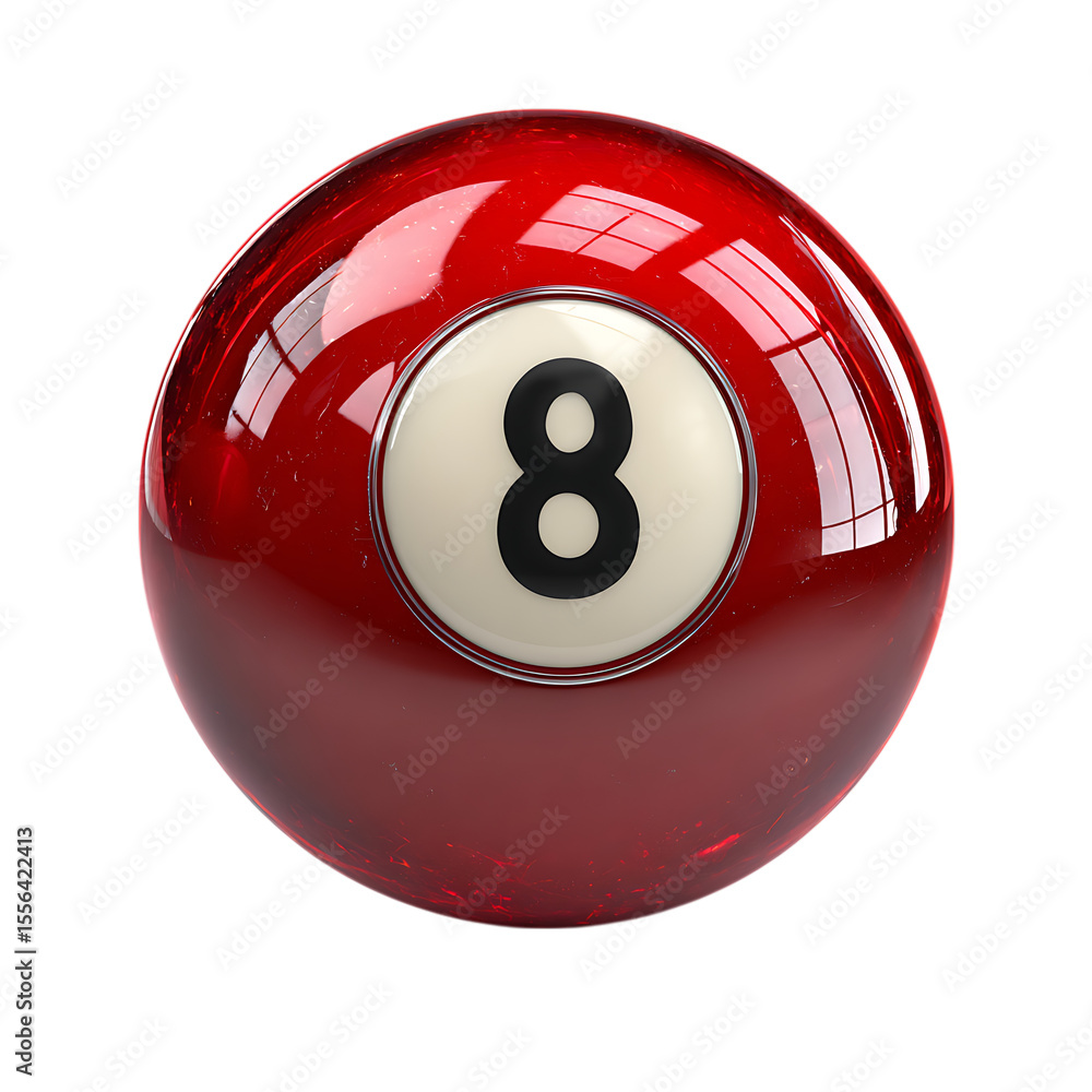Poster close up of a red billiard ball number eight with a white circle and black number eight isolated on 