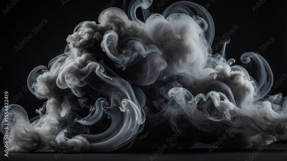 Poster swirling black smoke forms intricate patterns in a dark environment, capturing the essence of moveme