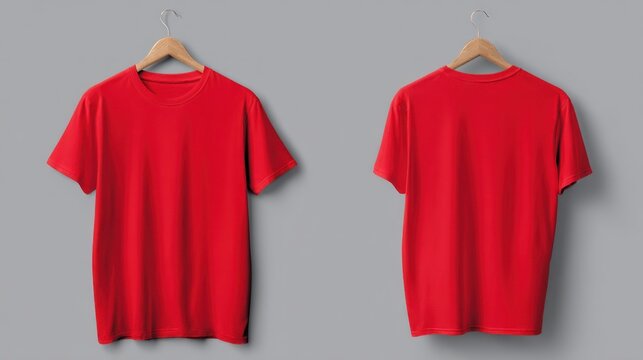 Flat lay of front and back views of a bright red T-shirt, clean lines and no branding, ideal for print-on-demand templates