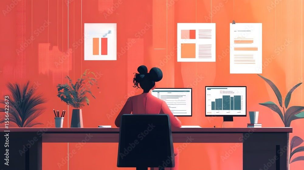 Poster focused data analysis: a professional woman diligently interprets intricate data displayed on dual m