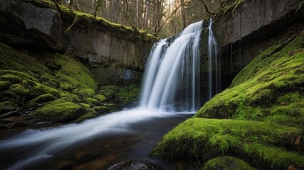 Fototapeta premium Majestic Waterfall Cascading Over Rocks Surrounded by Lush Greenery in a Tranquil Forest Setting During the Golden Hour of Late Afternoon