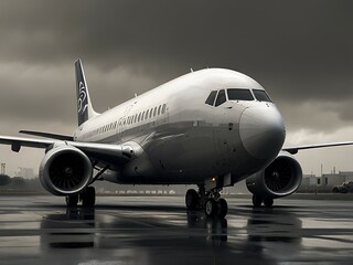 Naklejka premium A commercial airplane is parked on a wet runway under a cloudy, overcast sky, ready for takeoff or taxi.