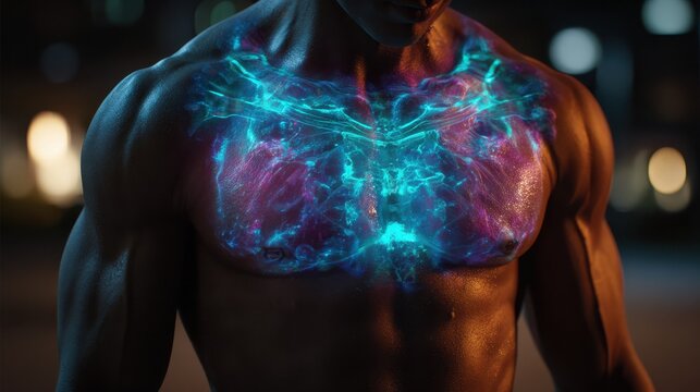 A man with a glowing torso and chest. Suitable for technology and futuristic concepts