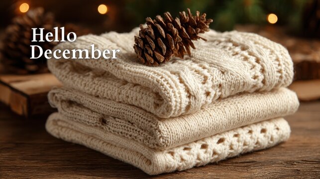 Stack of cozy, folded cream-colored knitted sweaters with a pine cone on top and "Hello December" text, creating a warm and inviting winter atmosphere - Powered by Adobe