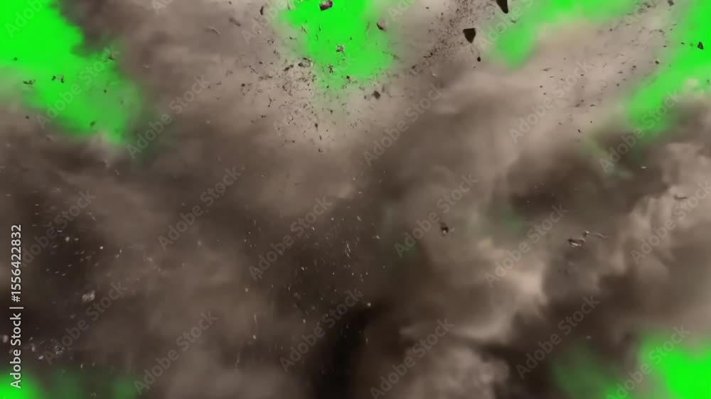 Poster realistic ground explosion with debris effect on green screen for visual effects compositing