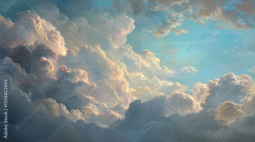 Poster a serene and tranquil cloudscape with subtle interplay between light and shadow, creating a peaceful