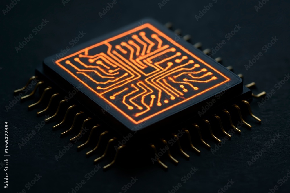 Poster close up of a microchip with orange circuit design on a dark surface