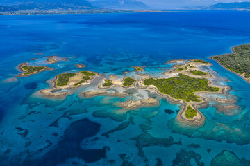 Aerial view of Lichadonisia which is island popular with boat trippers. the Greek Bahamas, in North Evia, Greece
