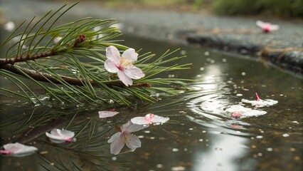 Pine needles and petals floating together in a small puddle — abstract but realistic