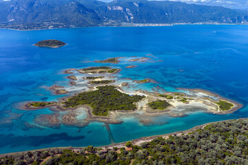 Aerial view of Lichadonisia which is island popular with boat trippers. the Greek Bahamas, in North Evia, Greece