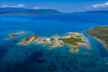 Aerial view of Lichadonisia which is island popular with boat trippers. the Greek Bahamas, in North Evia, Greece
