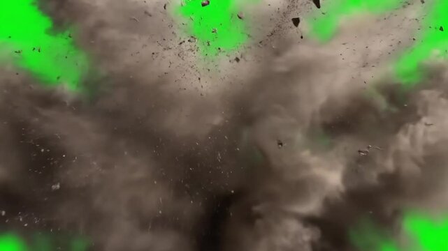 Realistic ground explosion with debris effect on green screen for visual effects compositing