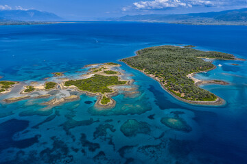 Aerial view of Lichadonisia which is island popular with boat trippers. the Greek Bahamas, in North Evia, Greece