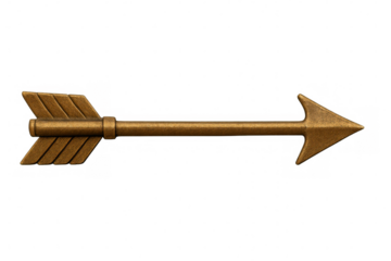 Golden metallic arrow pointing rightward, symbolizing navigation, archery trajectory, and forward momentum against transparent backdrop