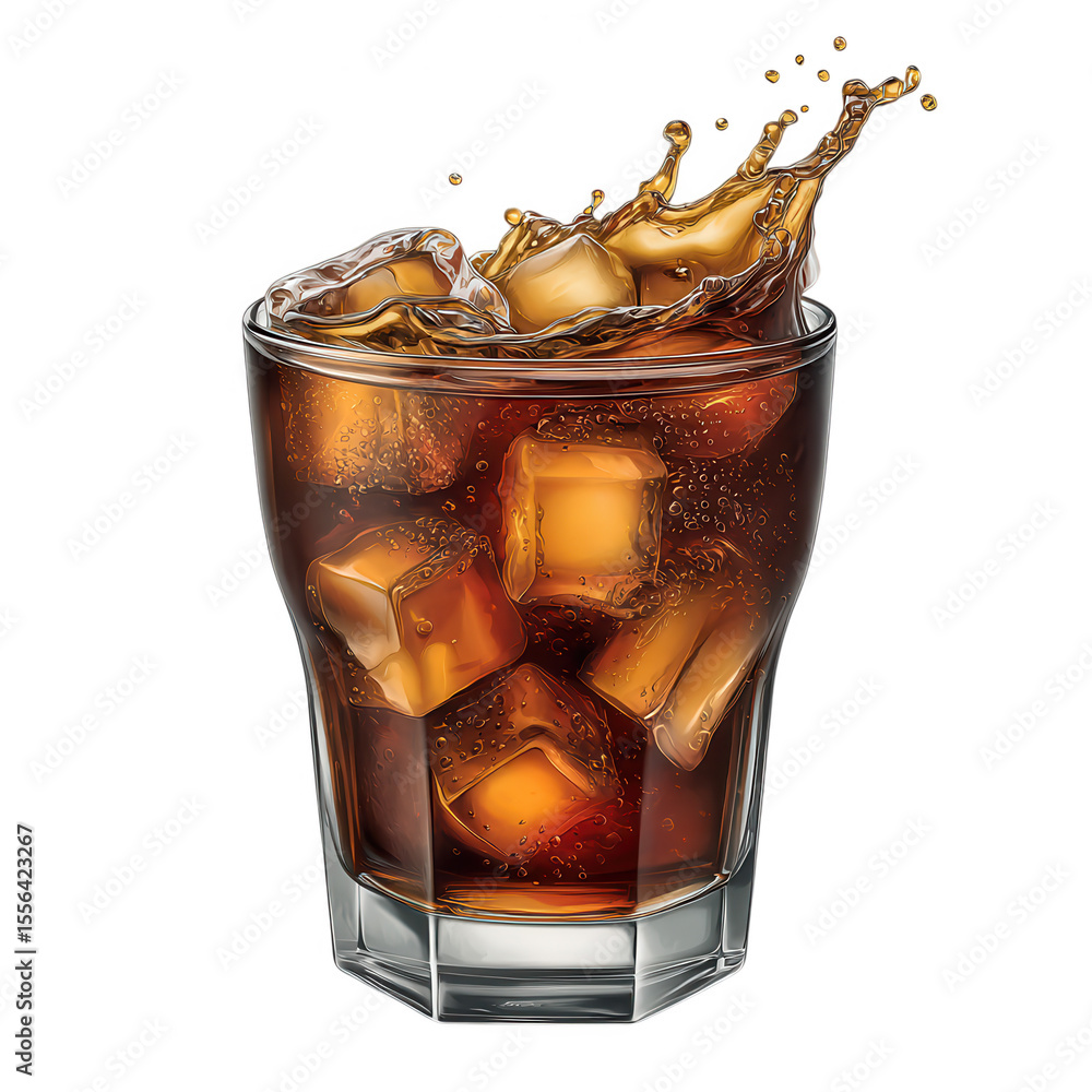 Aufkleber glass of cola with ice cubes and splash isolated on transparent background