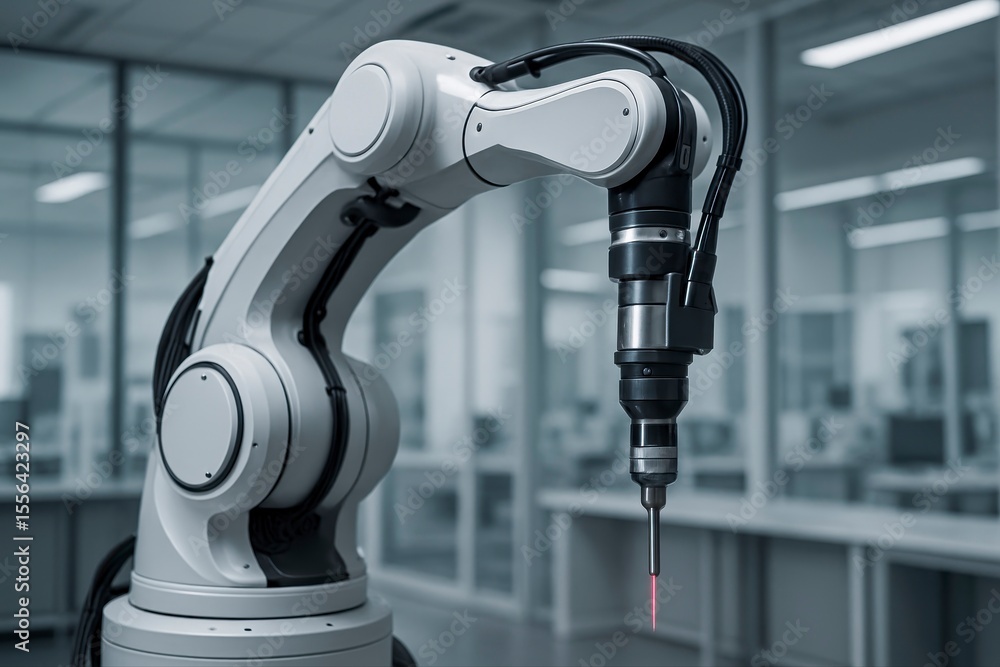 Poster a robotic arm with a laser pointer in a modern industrial environment