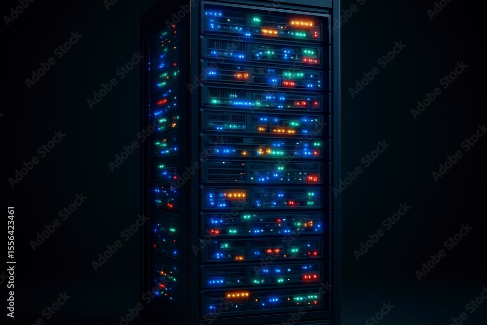 Aufkleber close up of a server rack with blinking lights in a dark environment