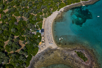 Aerial view of Lichadonisia which is island popular with boat trippers. the Greek Bahamas, in North Evia, Greece