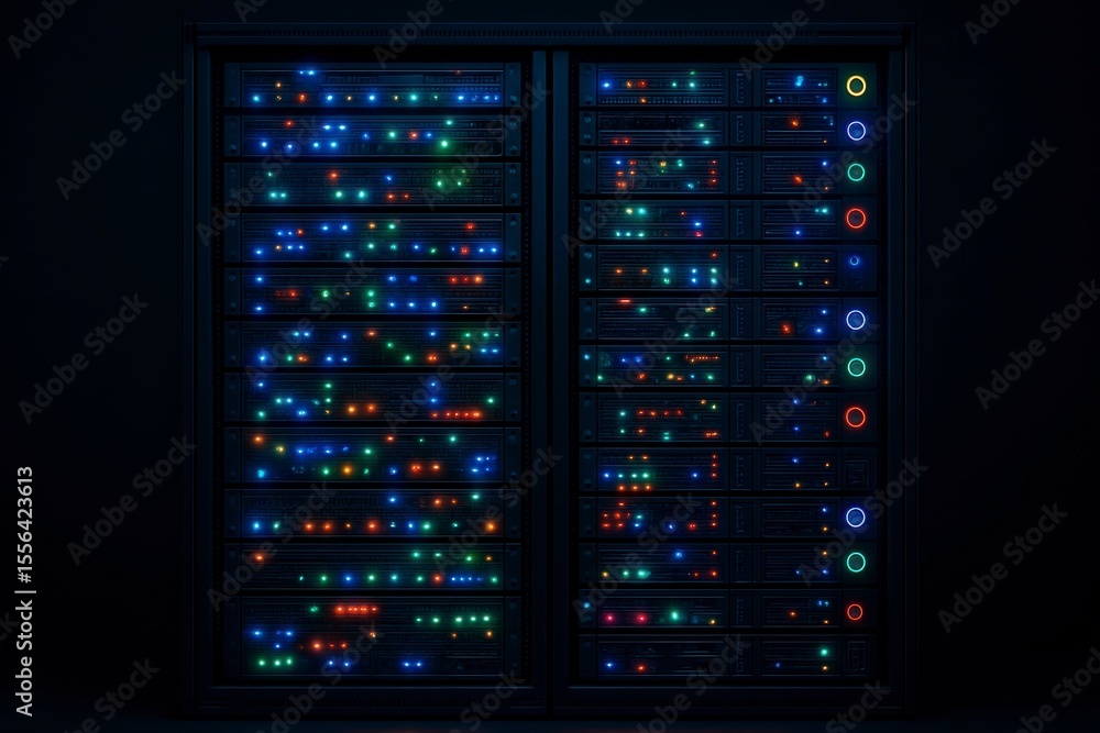 Poster close up of two server racks with many colorful blinking lights on them