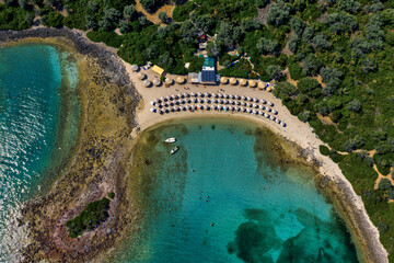 Aerial view of Lichadonisia which is island popular with boat trippers. the Greek Bahamas, in North Evia, Greece