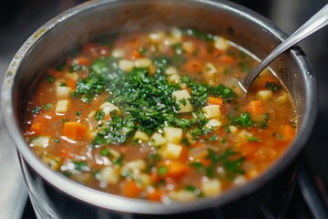 Steaming hot vegetable soup is being seasoned with fresh parsley in a metal pot on a stove