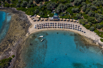 Aerial view of Lichadonisia which is island popular with boat trippers. the Greek Bahamas, in North Evia, Greece