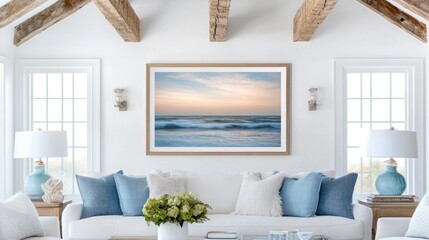 Coastal living room featuring a sunrise seascape.
