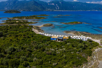 Aerial view of Lichadonisia which is island popular with boat trippers. the Greek Bahamas, in North Evia, Greece