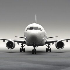 Naklejka premium Front view of a modern commercial airplane on a runway, showcasing engines, landing gear, and sleek fuselage under a clear sky.
