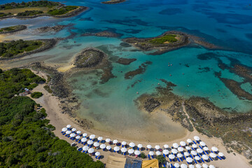 Aerial view of Lichadonisia which is island popular with boat trippers. the Greek Bahamas, in North...