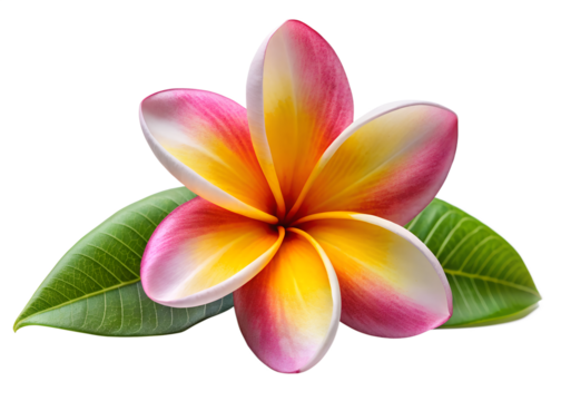Close up of a tropical plumeria flower with leaves isolated on transparent background - Powered by Adobe