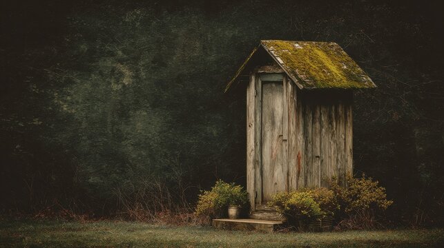 Rustic Wooden Outhouse with Mossy Roof Grunge Texture Old Structure Rural Setting