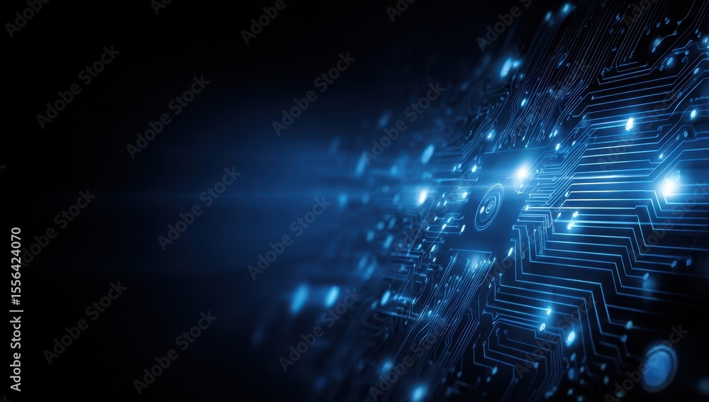 Poster glowing blue circuit board pattern with connected points, dark background, shallow depth