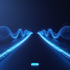 A digital representation of glowing blue waves and particles flowing along a dark pathway, symbolizing data transmission or futuristic technology.