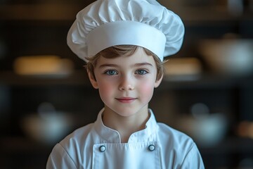 Portrait of a young aspiring chef wearing a white uniform and toque, standing in a professional kitchen