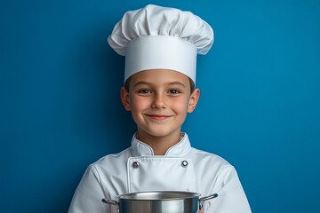 Young aspiring chef holding a saucepan, smiling, on a blue background