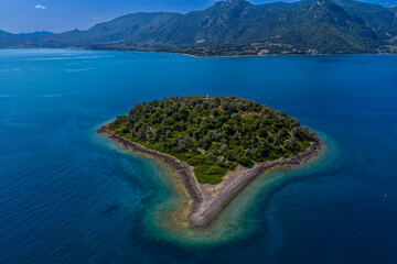 Aerial view of Lichadonisia which is island popular with boat trippers. the Greek Bahamas, in North Evia, Greece
