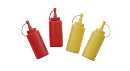 A vibrant display of ketchup and mustard bottles creates a simple, colorful pattern perfect for backgrounds, menus, or design elements, transparent background