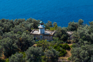 Aerial view of Lichadonisia which is island popular with boat trippers. the Greek Bahamas, in North Evia, Greece
