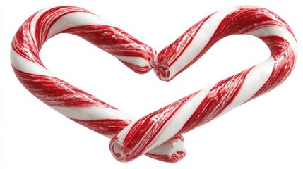 Fototapeta premium Two red and white candy canes crossed to form a heart shape, representing love and holiday cheer. Isolated on white