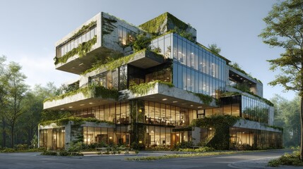 Obraz premium A sustainable office building with large windows, green roofs, and natural light