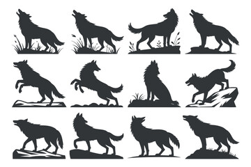 Collection of Diverse Wolf Silhouettes in Various Poses on a White Background wolves different poses including standing howling and rocks wolf wolf silhouette