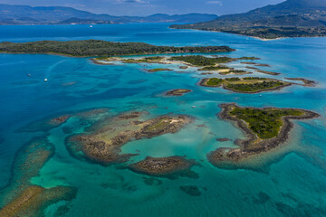 Aerial view of Lichadonisia which is island popular with boat trippers. the Greek Bahamas, in North Evia, Greece