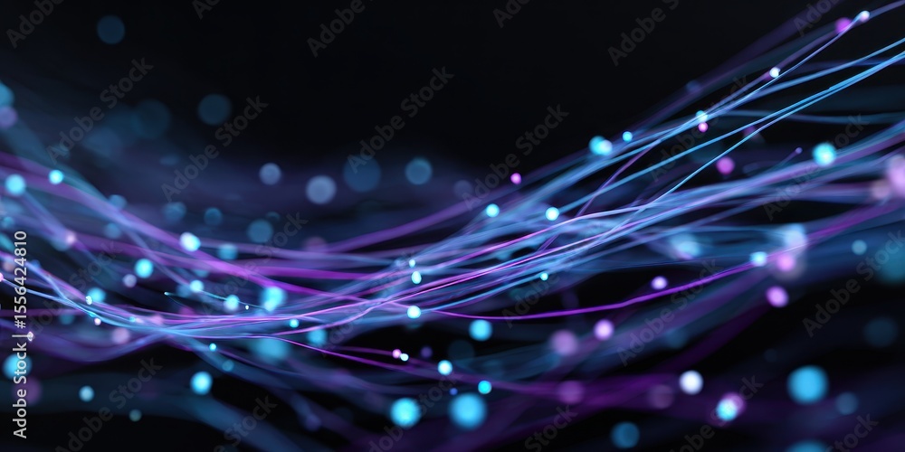 Poster glowing streaks and orbs traverse a dark background, creating an abstract, flowing pattern