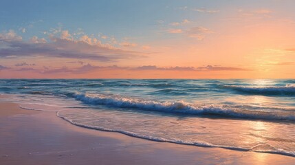 Fototapeta premium Beautiful sunset illuminates the smooth, silky waves along a tropical beach shore, creating a serene atmosphere with ample copy space for text or graphics.