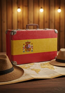 Spain themed vintage suitcase rests on a world map suggesting travel adventures