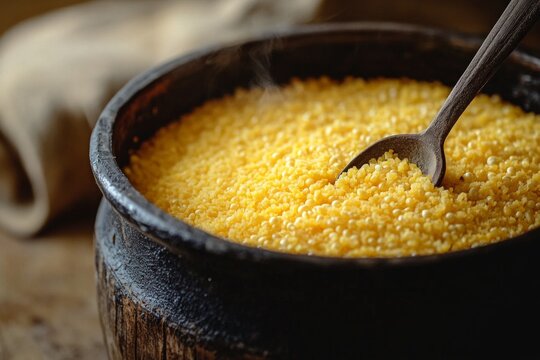 Close-up of steaming cooked couscous in a rustic clay pot with a wooden spoon, embodying traditional cooking methods