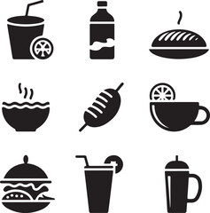 Various food and drink icons isolated on a white background