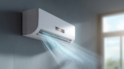 Modern air conditioning unit mounted on wall, providing cool air in a bright indoor environment